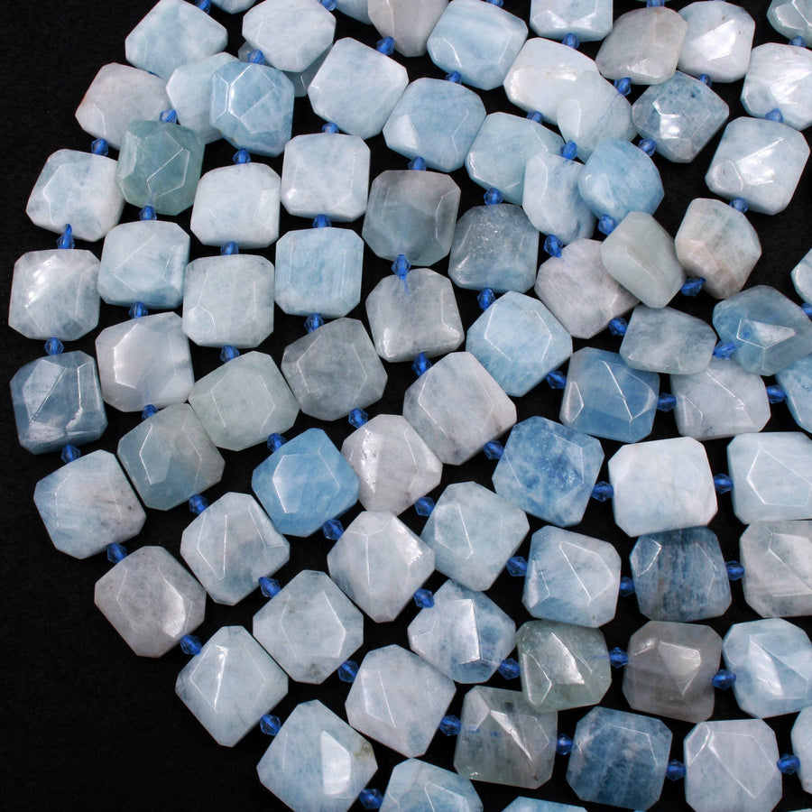 Natural Aquamarine Beads Faceted Square Hexagon Cushion Beads 15.5" Strand