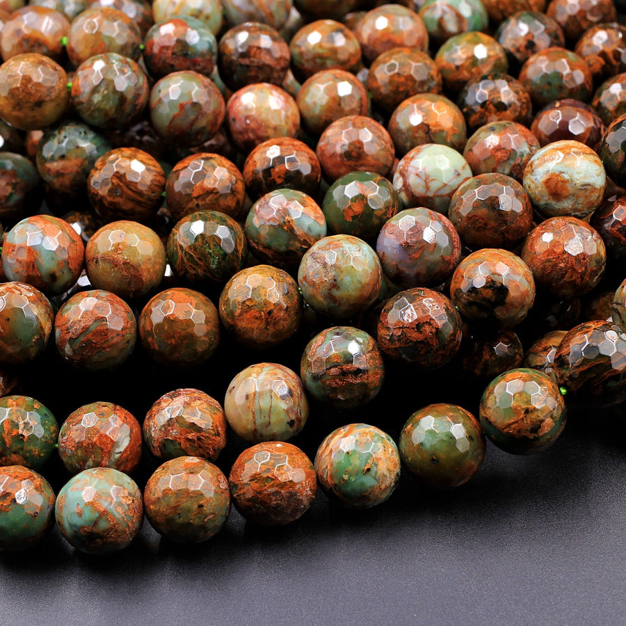 Natural African Green Opal Faceted Round Beads 10mm Large Faceted Round Beads High Quality Green Brown Gemstone Opal Beads 16" Strand