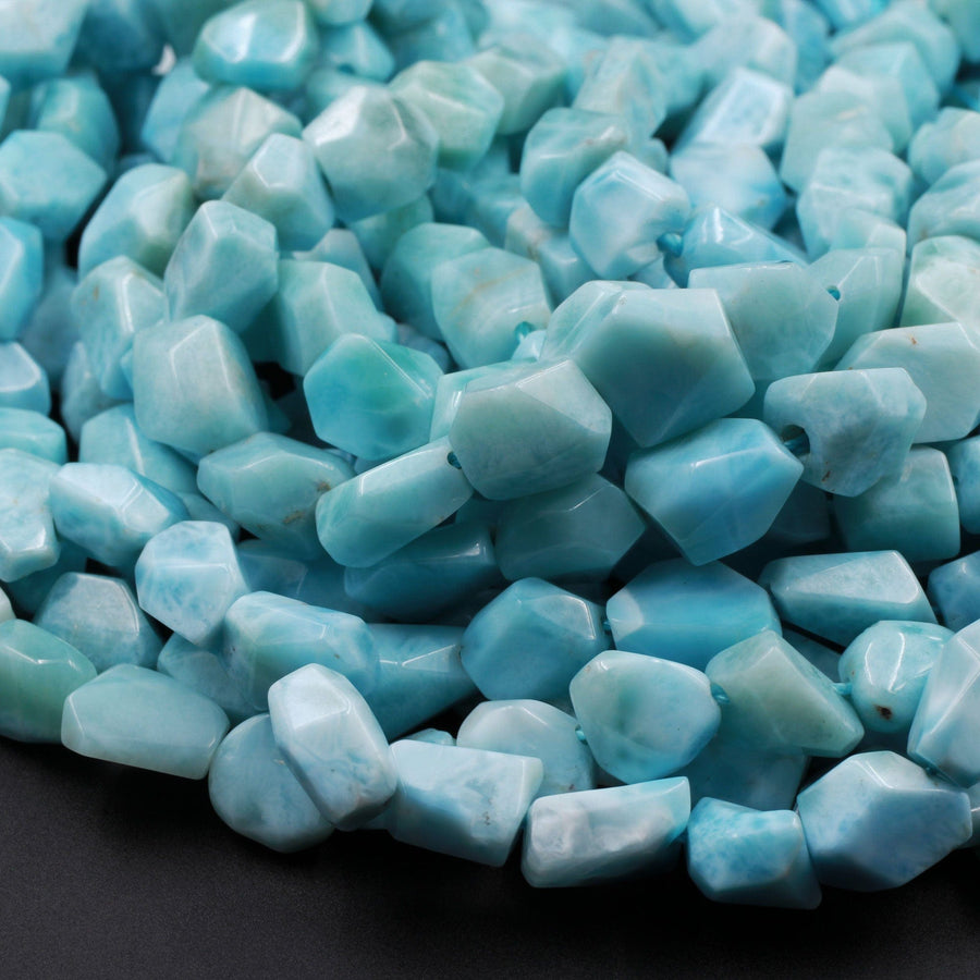 AAA Natural Blue Larimar Faceted Nugget Beads Hand Cut Freeform Real Genuine Larimar Gemstone 16" Strand