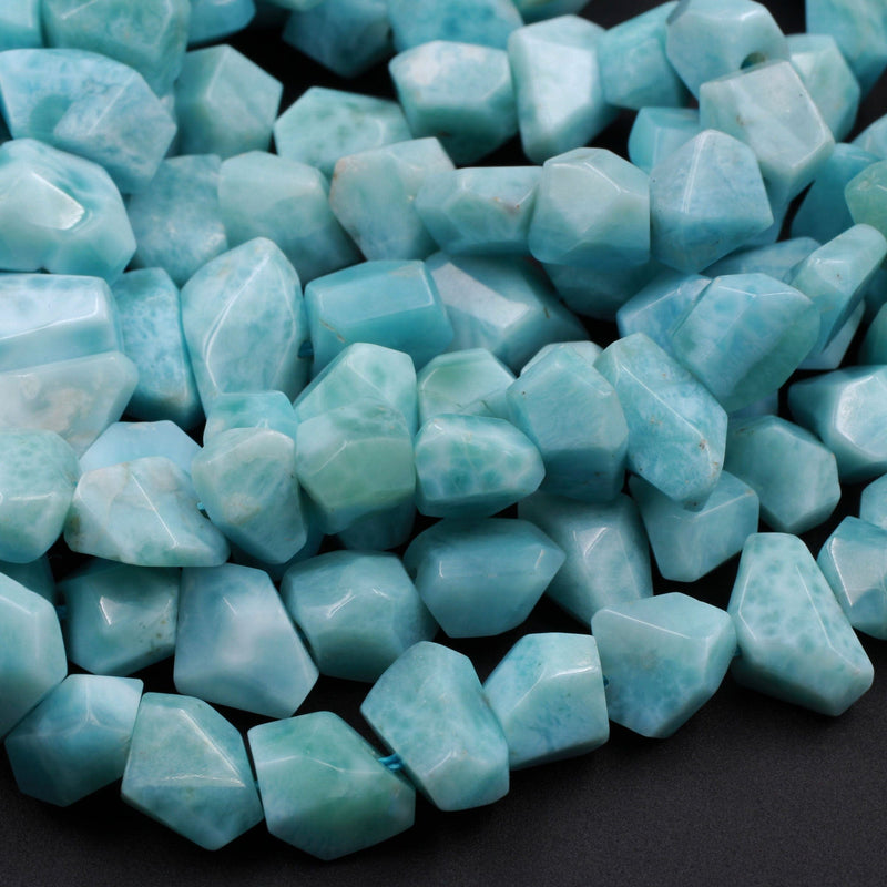 AAA Faceted Natural Blue Larimar Nuggets Chunky Center Dilled Freeform Beads Real Larimar Stone 16" Strand