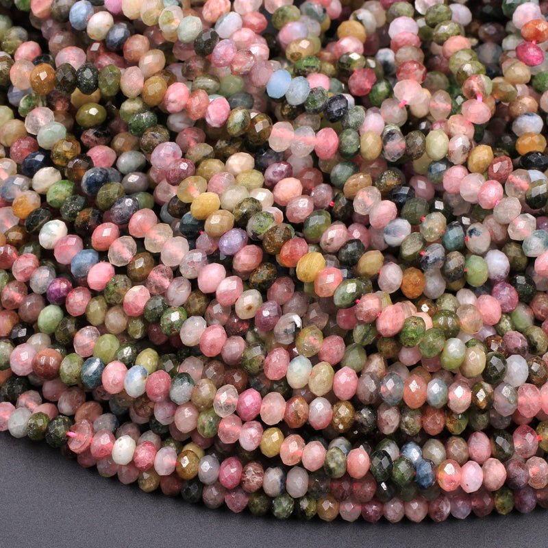 Micro Faceted Natural Multicolor Tourmaline Rondelle Beads 4mm 5mm Pink Green Watermelon Tourmaline Real Genuine Gemstone 16" Strand