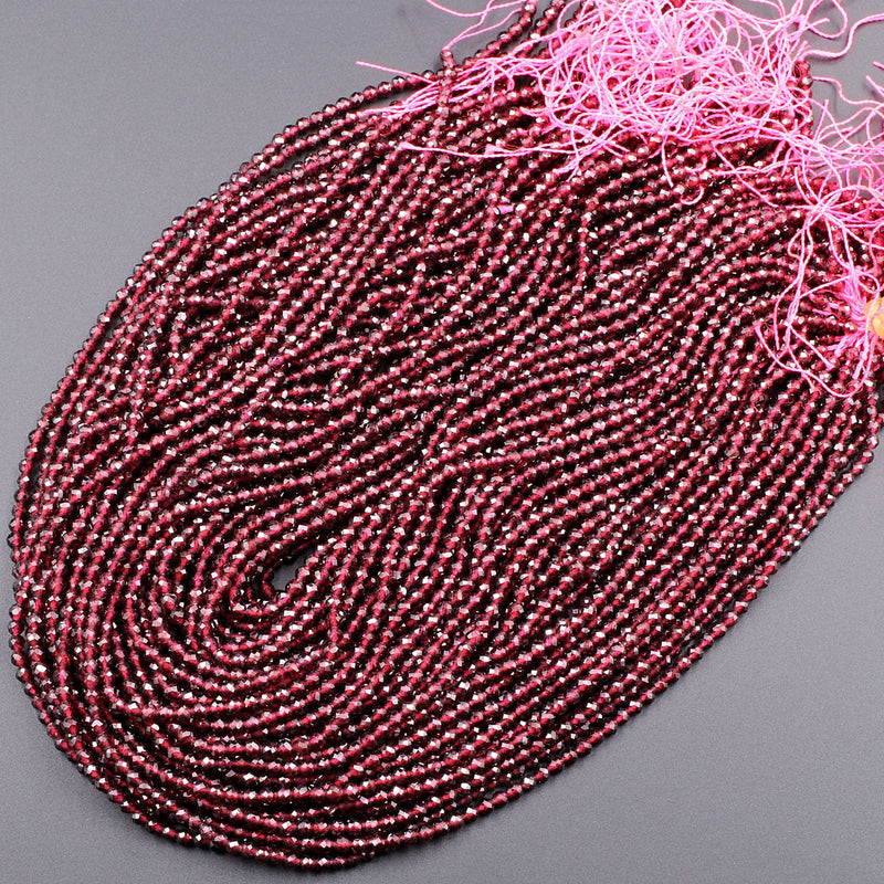 Micro Faceted Natural Red Garnet 3mm 4mm Faceted Round Beads Diamond Cut Gemstone 16" Strand