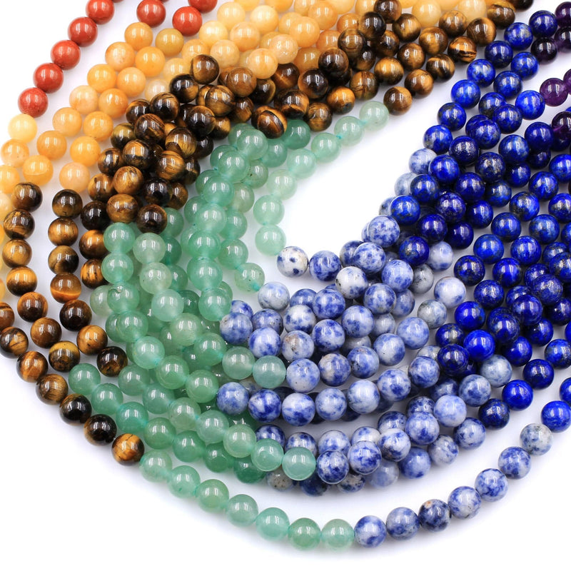 Natural Chakra Gemstone 4mm 6mm 8mm Round Beads Amethyst Lapis Sodalite Aventurine Tigers Eye Yellow Jade Red Jasper 15.5" Strand