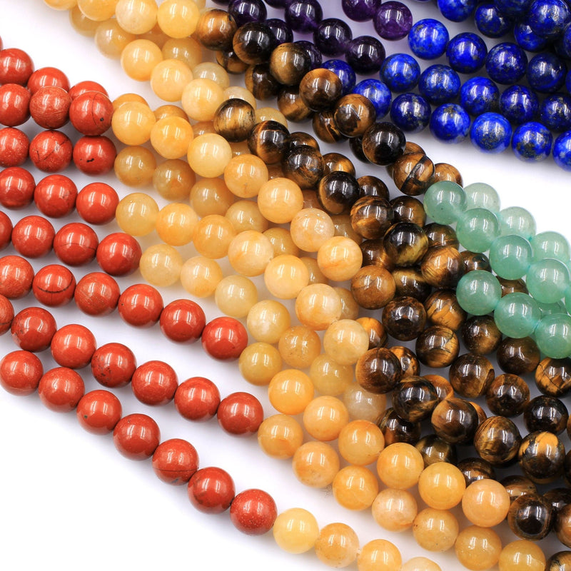 Natural Chakra Gemstone 4mm 6mm 8mm Round Beads Amethyst Lapis Sodalite Aventurine Tigers Eye Yellow Jade Red Jasper 15.5" Strand