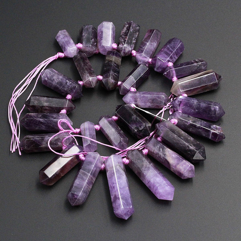 Natural Purple Amethyst Faceted Double Terminated Pointed Beads Top Side Drilled Large Healing Amethyst Crystal Focal Pendant 15.5" Strand