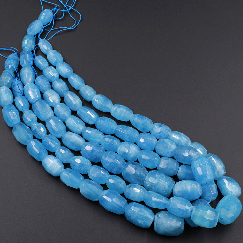 Finest AAA Aquamarine Graduated Faceted Barrel Drum Nugget Beads Large Chunky Real Genuine Natural Blue Aquamarine Gemstone 18" Strand