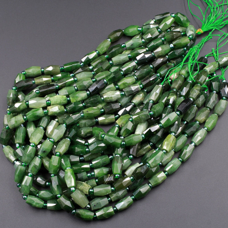 Natural Canadian Green Jade Faceted Barrel Tube Drum Beads Laser Diamond Cut Real Genuine Green Jade Sharp Facets Gemstone 16" Strand