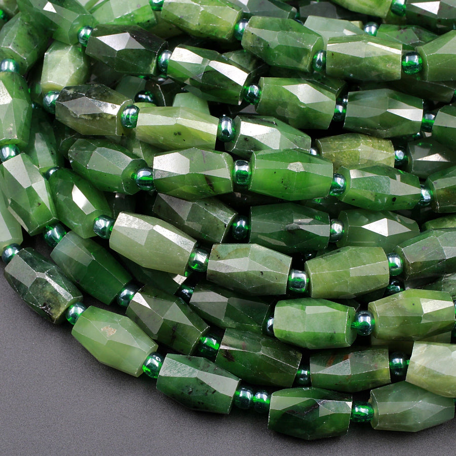 Natural Canadian Green Jade Faceted Barrel Tube Drum Beads Laser Diamond Cut Real Genuine Green Jade Sharp Facets Gemstone 15.5" Strand