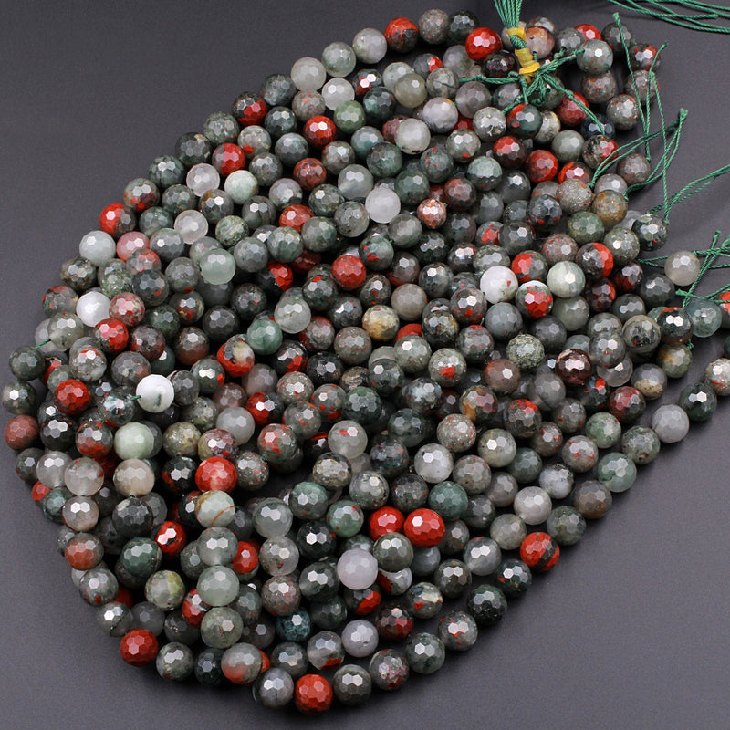 Faceted African Bloodstone 6mm 8mm 10mm Round Beads Natural Red Grey Green Polished Gemstone Beads 16" Strand