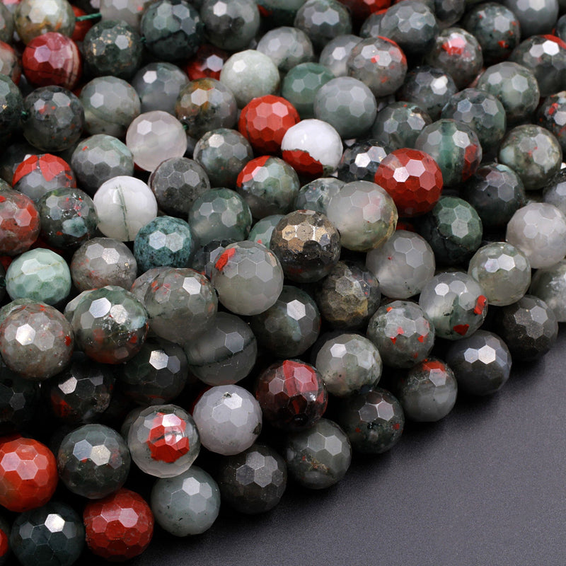 Faceted African Bloodstone 6mm 8mm 10mm Round Beads Natural Red Grey Green Polished Gemstone Beads 16" Strand