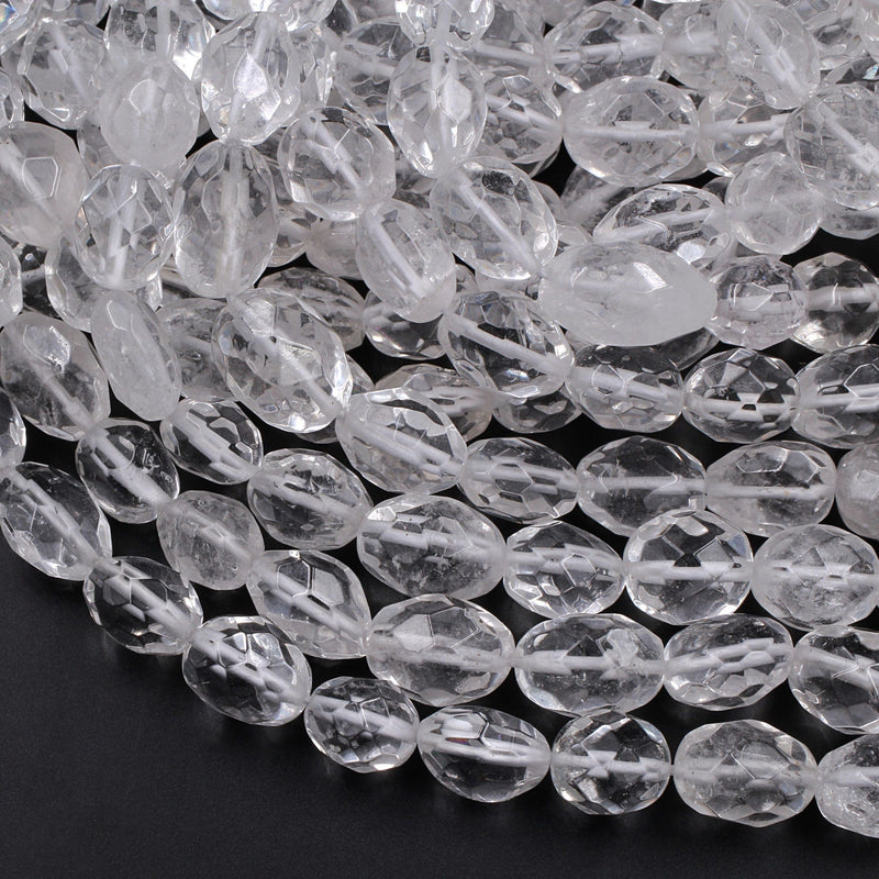 Natural Rock Crystal Quartz Beads Faceted Freeform Oval Nuggets Icy Clear Rock Crystal Quartz 16" Strand