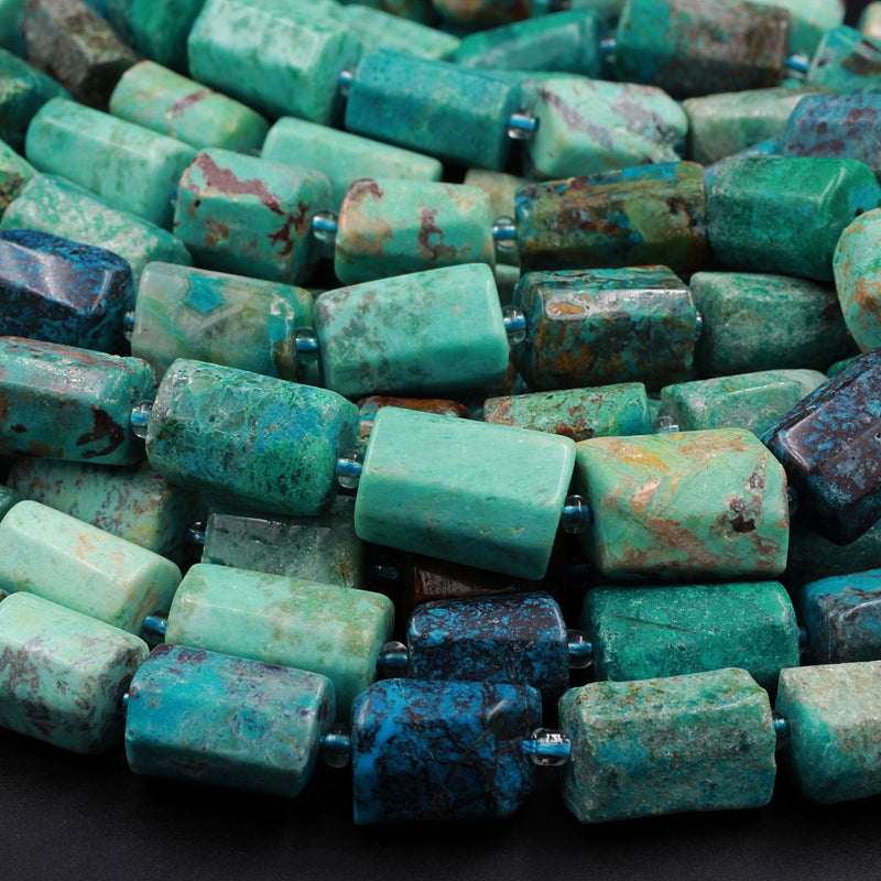 Natural Chrysocolla Rectangle Nugget Hand Cut Faceted Tube Blue Green Gemstone Nugget Freeform Beads 16" Strand