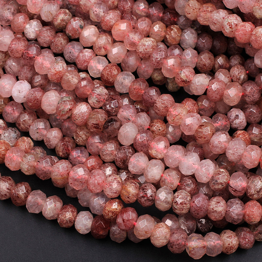 Faceted Natural Red Pink Strawberry Quartz Rondelle 8x6mm Beads 16" Strand