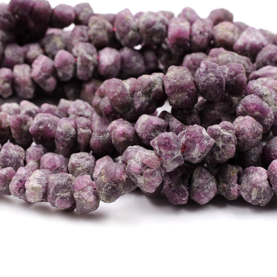 Rough Raw Natural Ruby Beads Freeform Nugget Organic Hand Hammered Genuine Ruby Gemstone  16" Strand