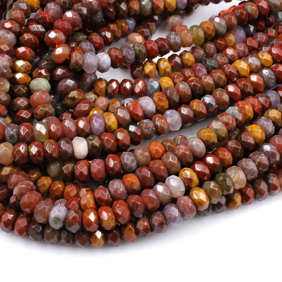 Faceted Natural Red Flame Agate  6mm 8mm Rondelle Beads 16" Strand