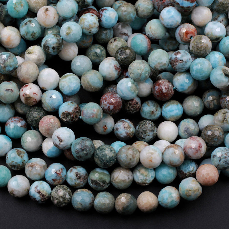 Natural Larimar Faceted 10mm Round Beads Genuine Natural Blue Larimar Red Iron Matrix Gemstone 16" Strand