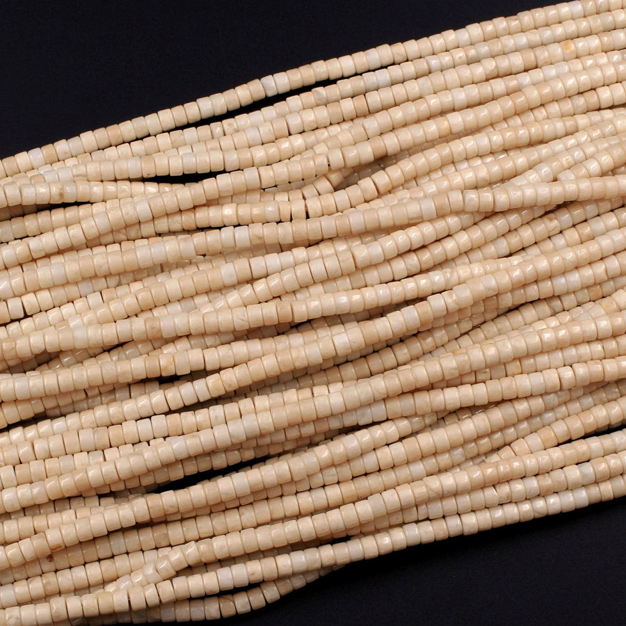 Natural Ivory Fossil Jasper River Stone Rondelle Heishi 4mm Polished Tan Beige Cream Beads 16" Strand