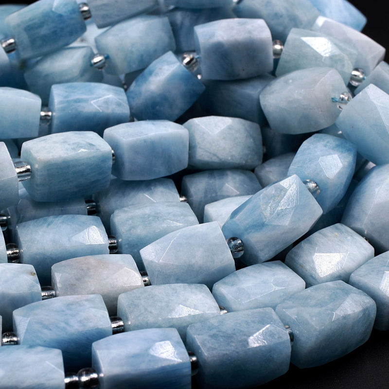 Natural Aquamarine Faceted Rectangle Tube Nugget Beads Large Real Genuine Blue Aquamarine Gemstone 16" Strand