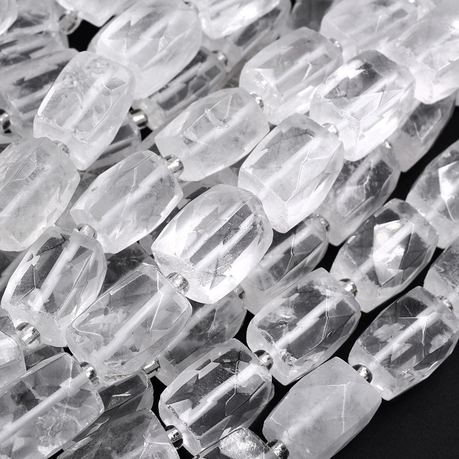 Natural Rock Crystal Quartz Beads Faceted Rectangle Cylinder Tube Nuggets Icy Rock Crystal Clear Raw Crystals 16" Strand