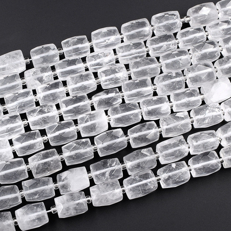 Natural Rock Crystal Quartz Beads Faceted Rectangle Cylinder Tube Nuggets Icy Rock Crystal Clear Raw Crystals 16" Strand