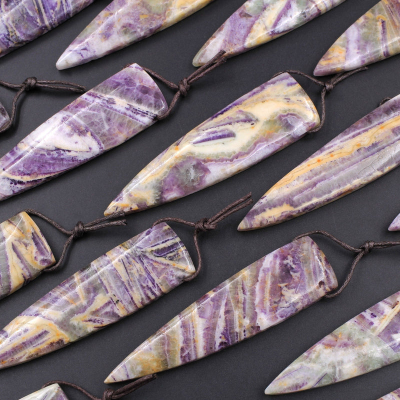 Natural Petrified Purple Fluorite Pendant Dagger Spike Natural Stone Pendant Side Drilled Long Triangle Multi Color Purple Green Yellow
