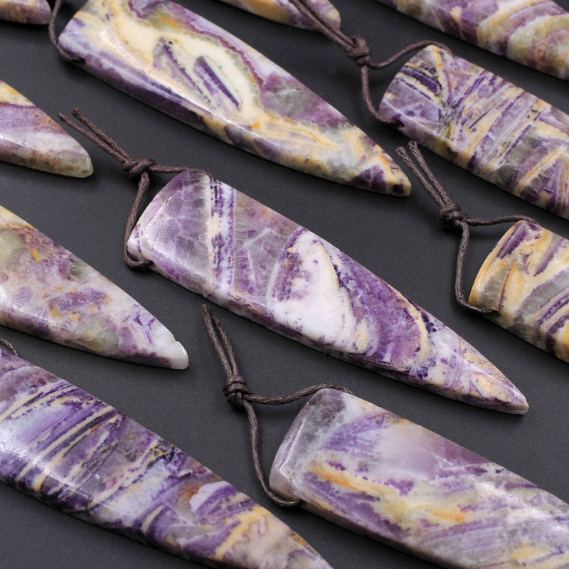 Natural Petrified Purple Fluorite Pendant Dagger Spike Natural Stone Pendant Side Drilled Long Triangle Multi Color Purple Green Yellow