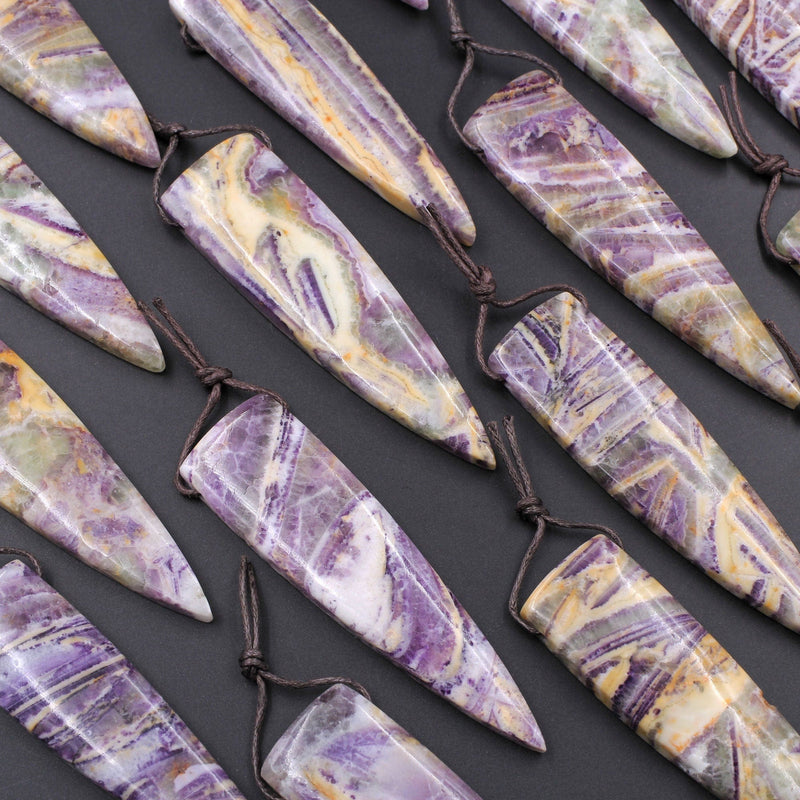 Natural Petrified Purple Fluorite Pendant Dagger Spike Natural Stone Pendant Side Drilled Long Triangle Multi Color Purple Green Yellow