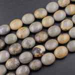 Natural Artistic Jasper Large Puffy Oval Beads Beads Earthy Yellow Brown Slate Gray Jasper 16" Strand