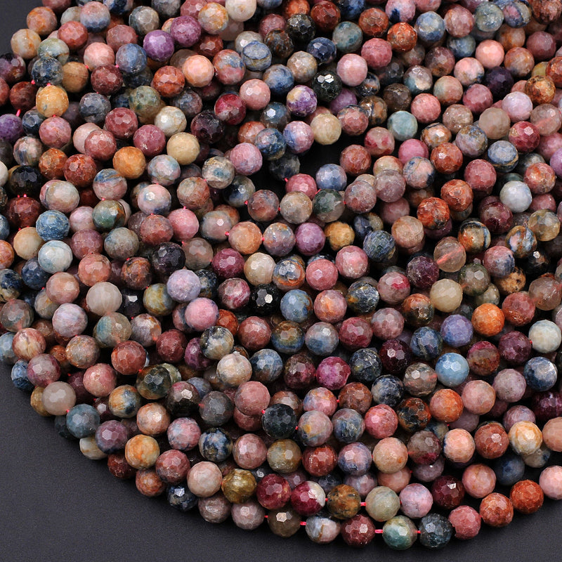 Faceted Tourmaline Round Beads 6mm 8mm Natural Earthy Pink Blue Green Yellow Real Genuine Tourmaline Gemstone Beads 16" Strand