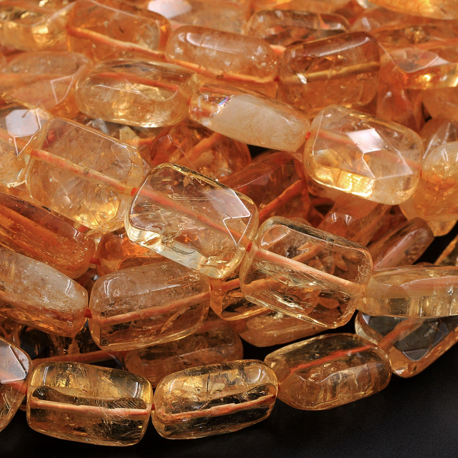 AAA Natural Golden Citrine Rectangle Faceted 10mm 14mm 16mm Cushion Geometric Cut Large Flat Nugget Yellow Real Genuine Gemstone 16" Strand