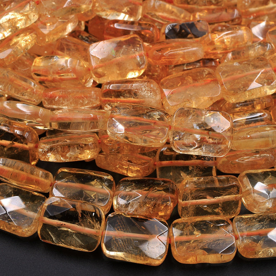AAA Natural Golden Citrine Rectangle Faceted 10mm 14mm 16mm Cushion Geometric Cut Large Flat Nugget Yellow Real Genuine Gemstone 16" Strand