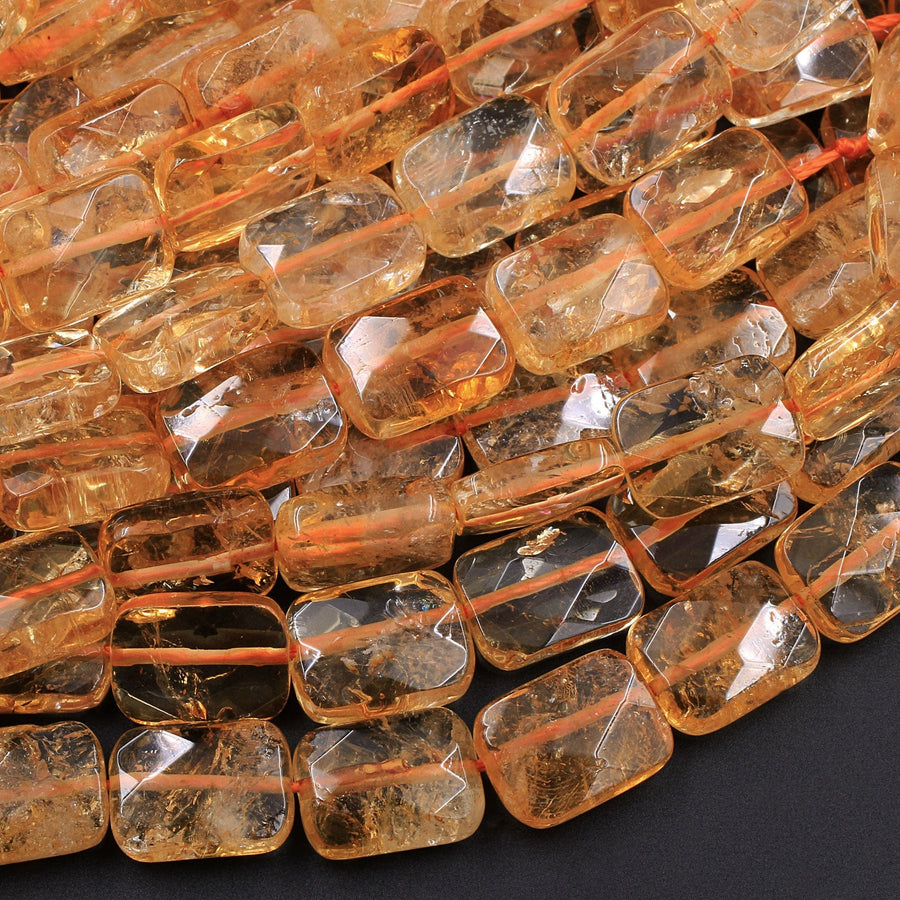 AAA Natural Golden Citrine Rectangle Faceted 10mm 14mm 16mm Cushion Geometric Cut Large Flat Nugget Yellow Real Genuine Gemstone 16" Strand