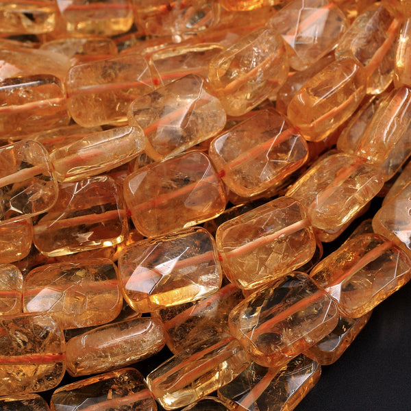 AAA Natural Golden Citrine Rectangle Faceted 10mm 14mm 16mm Cushion Geometric Cut Large Flat Nugget Yellow Real Genuine Gemstone 16" Strand