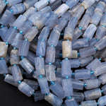 Matte Natural Blue Chalcedony Faceted Tube Rectangle Cylinder Beads Organic Rough Raw Blue Lace Agate Gemstone High Quality 16" Strand