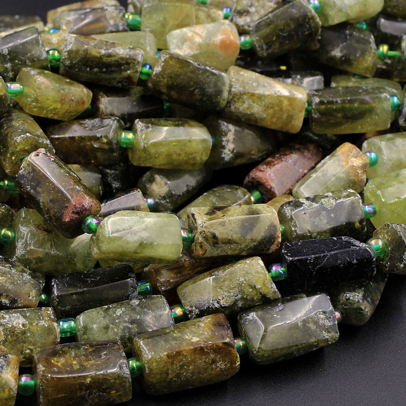 Matte Natural Green Garnet Rough Raw Tube Rectangle Barrel Cylinder Beads Nuggets Polished Real Genuine Green Gemstone 16" Strand