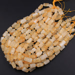 Organic Cut Raw Rough Matte Natural Golden Citrine Frosty Faceted Nuggets Rectangle Tube Gemstone Beads 16" Strand