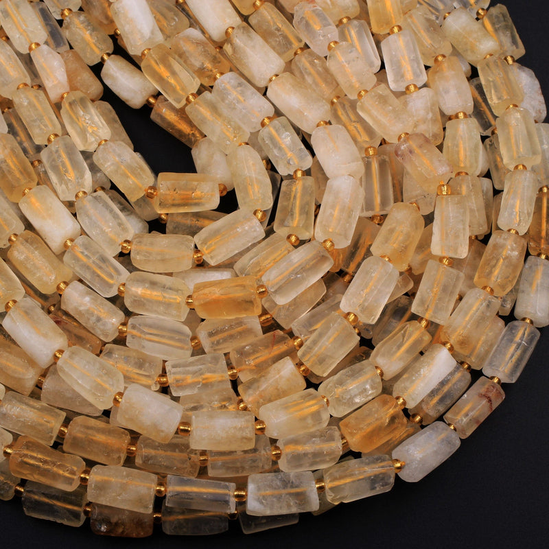 Organic Cut Raw Rough Matte Natural Golden Yellow Citrine Frosty Faceted Nuggets Rectangle Tube Gemstone Beads 16" Strand