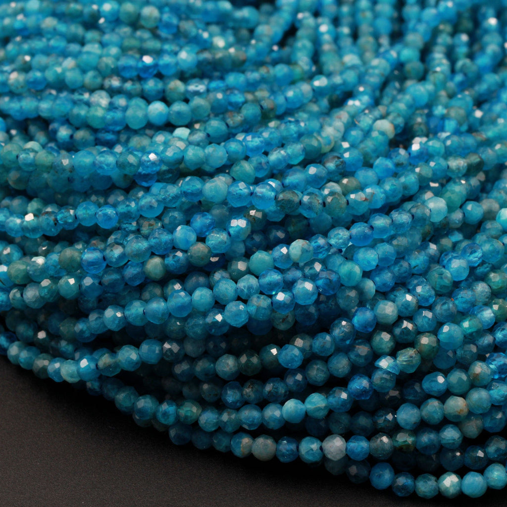 AAA Natural Blue Apatite 2mm 3mm Faceted Round Beads Small Micro Faceted Laser Diamond Cut Gemstone 15.5" Strand
