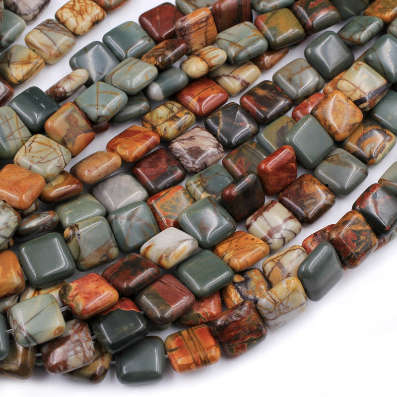 Red Creek Jasper Square Beads 12mm Red Green Yellow Brown Natural Cherry Creek Multi Color Multicolor Picasso Jasper 16" Strand