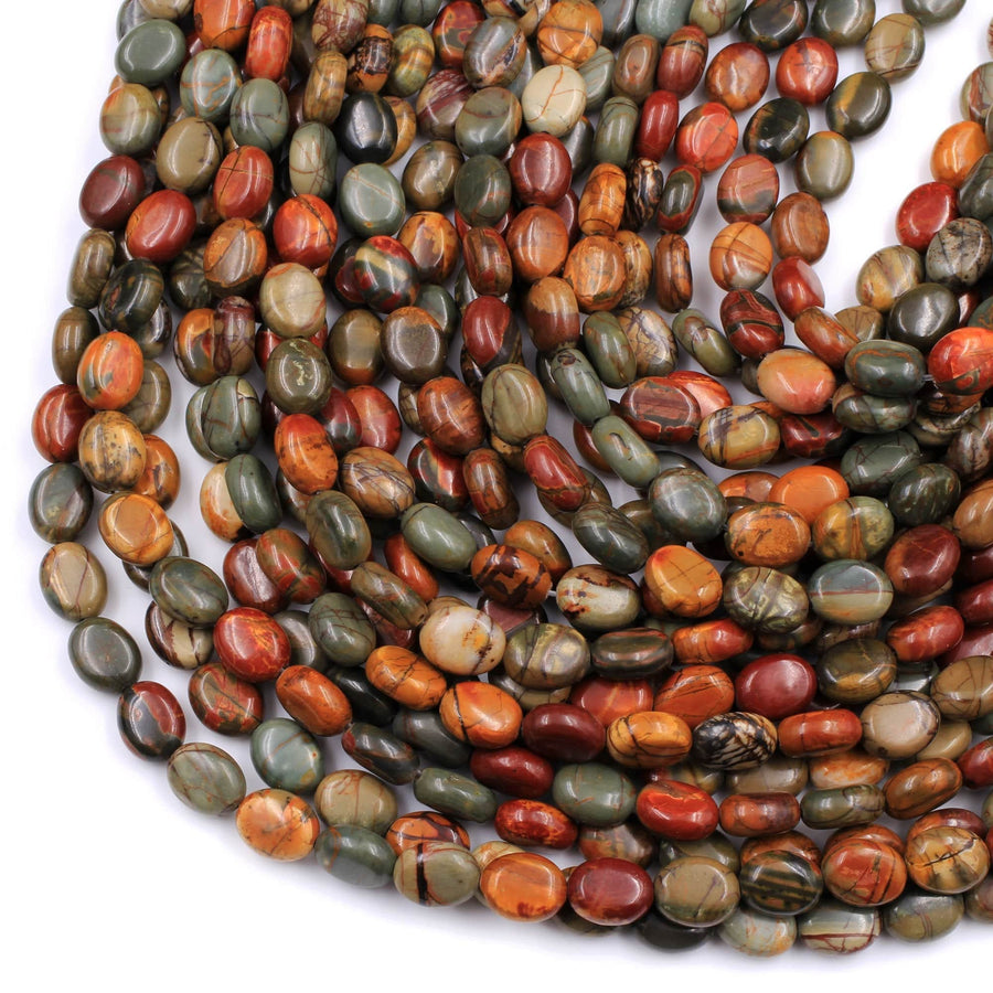 Red Creek Jasper Oval Beads 10x8mm SmoothEarthy Red Green Yellow Brown Natural Cherry Creek Multi-color Picasso Jasper Earring 16" Strand