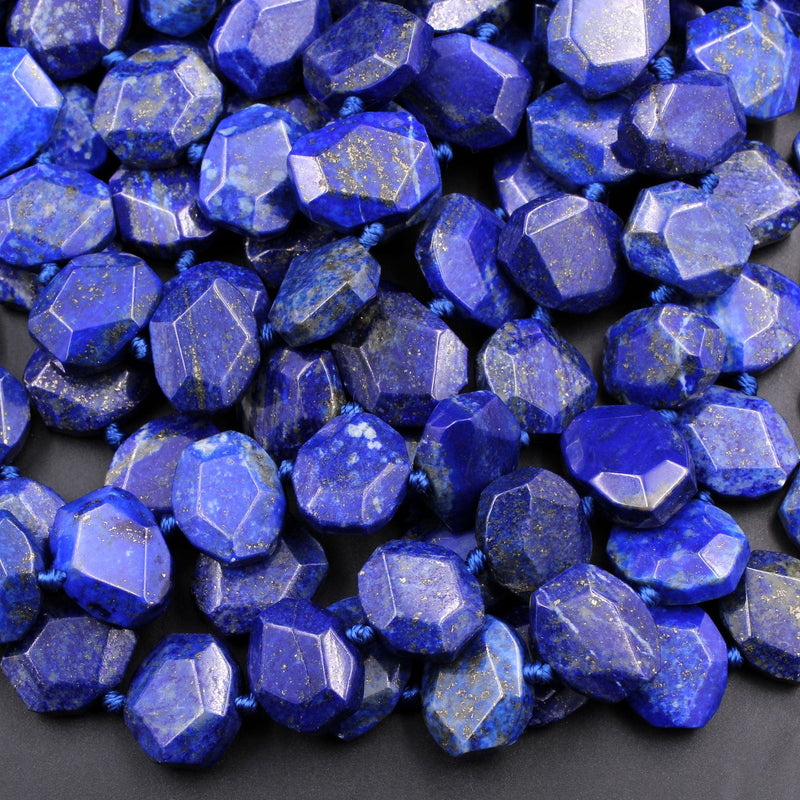 Faceted Natural Blue Lapis Rectangle Octagon Beads With Golden Pyrite Matrix Large Slice Slab Cushion Focal Beads 16" Strand