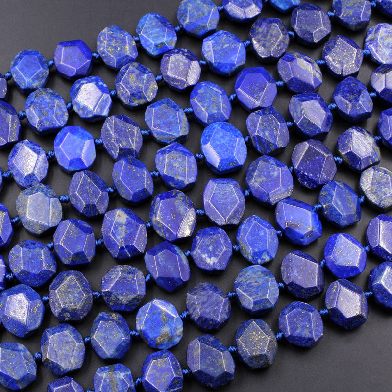 Faceted Natural Blue Lapis Rectangle Octagon Beads With Golden Pyrite Matrix Large Slice Slab Cushion Focal Beads 16" Strand