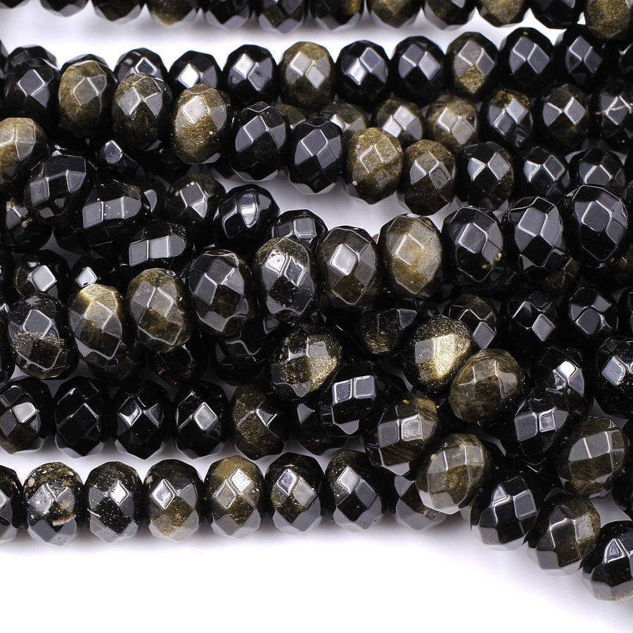 Natural Golden Black Obsidian Faceted Rondelle Beads 10mm AAA High Quality 16" Strand