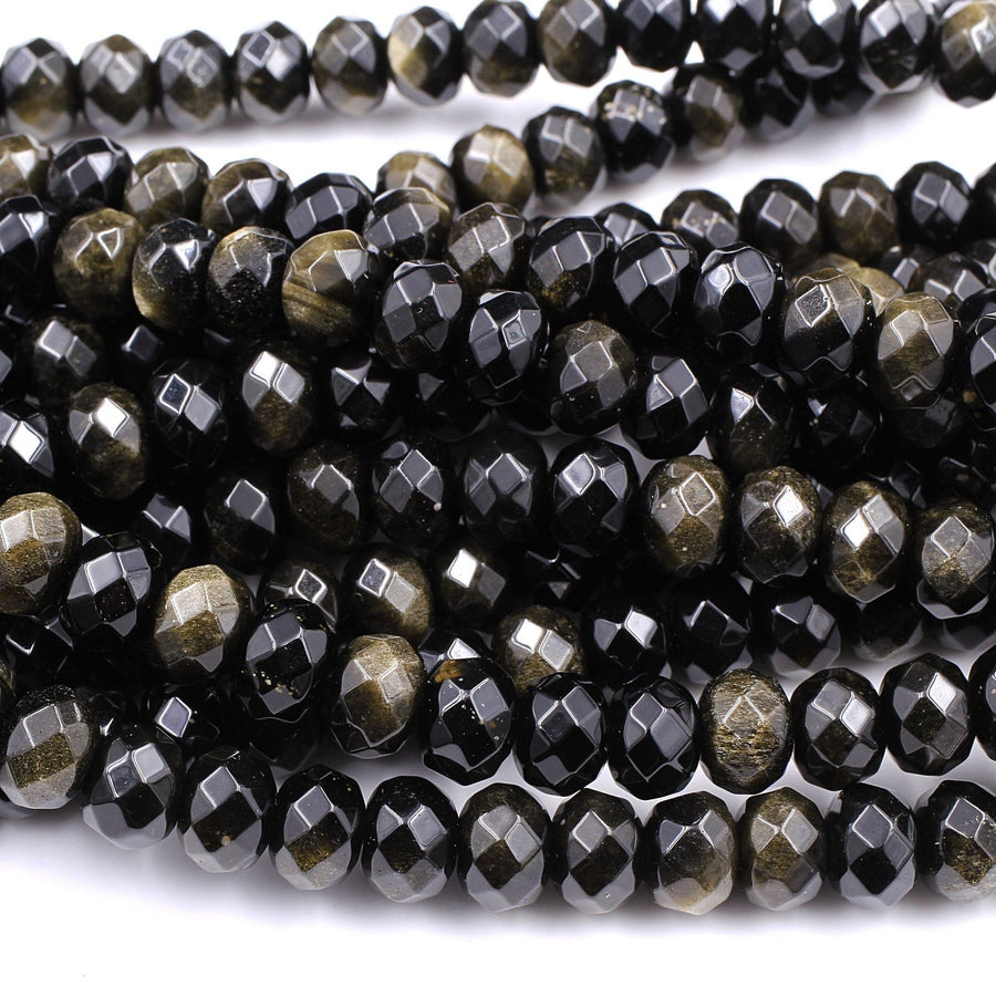 Natural Golden Black Obsidian Faceted Rondelle Beads 10mm AAA High Quality 16" Strand