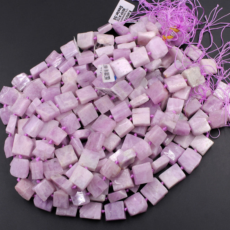 Natural Violet Purple Pink Kunzite Square Cushion Beads Hand Cut Flat Slice Gemstone 16" Strand
