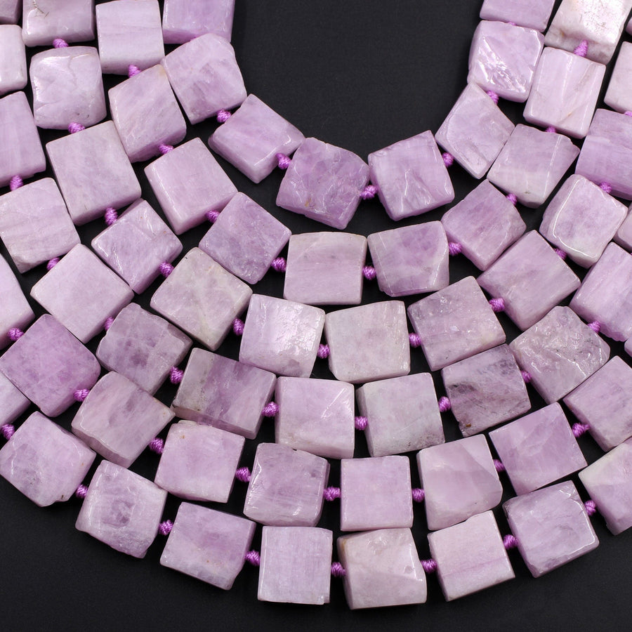 Natural Violet Purple Pink Kunzite Square Cushion Beads Hand Cut Flat Slice Gemstone 16" Strand