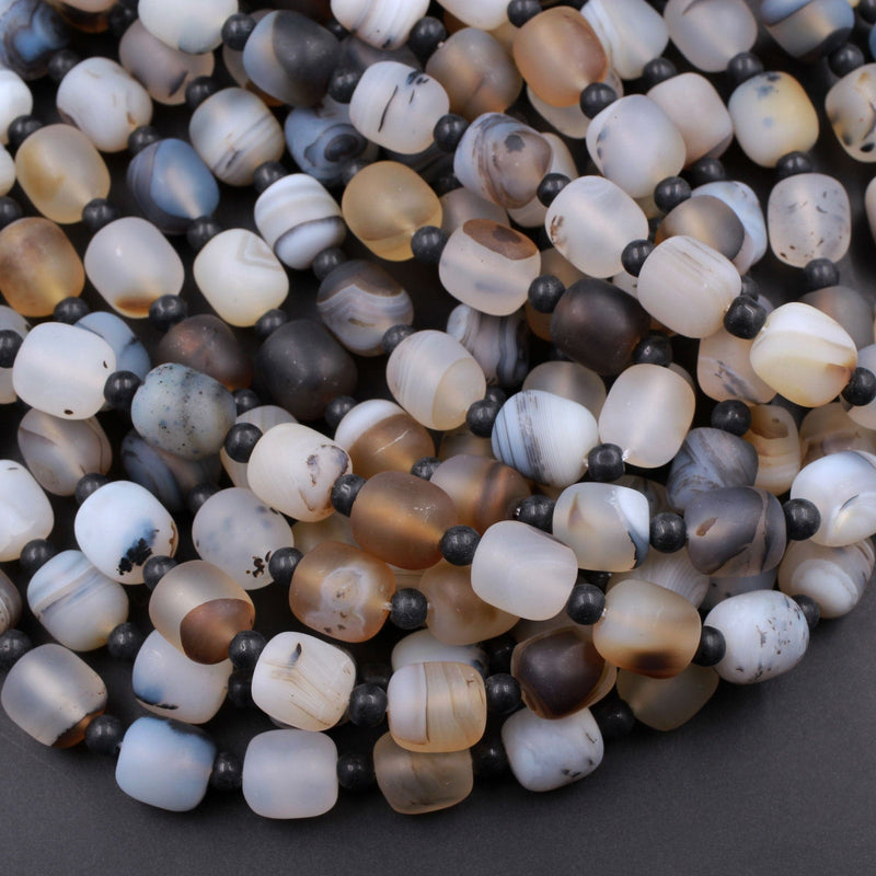 Matte Finish Natural Montana Agate Rounded Cylinder Barrel Drum Beads Amazing Scenic Pattern High Quality Black White Beads 16" Strand