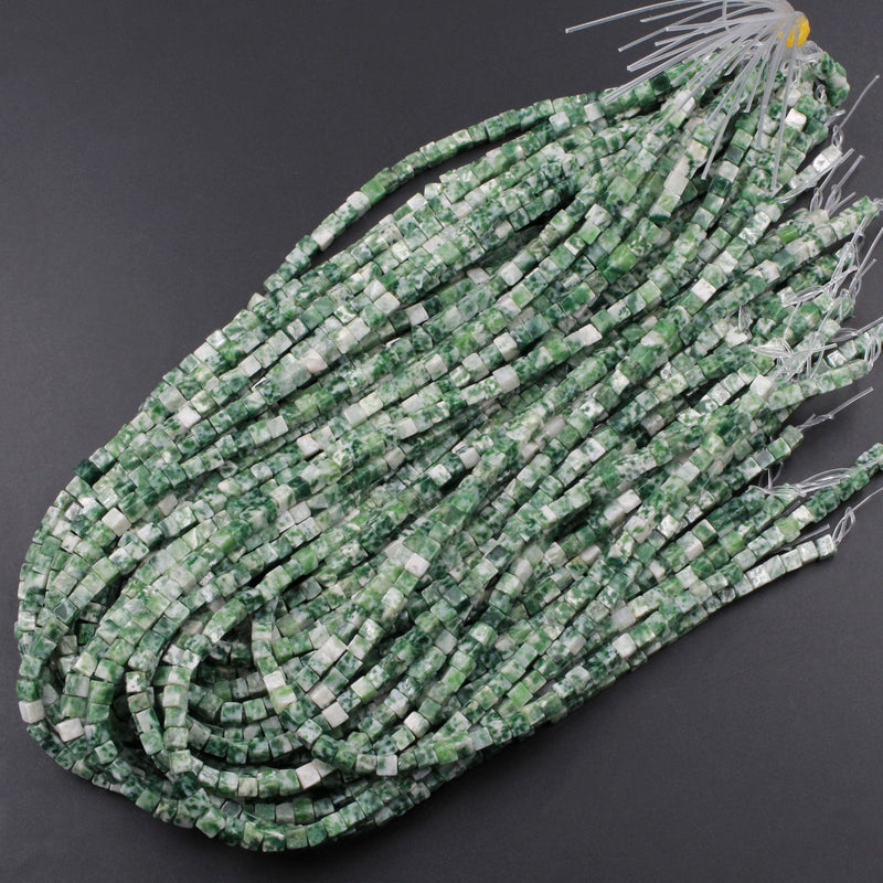 Natural Green Tree Agate 4mm Dice Square Cube Beads Organic 100% Natural Green White Gemstone Beads 16" Strand
