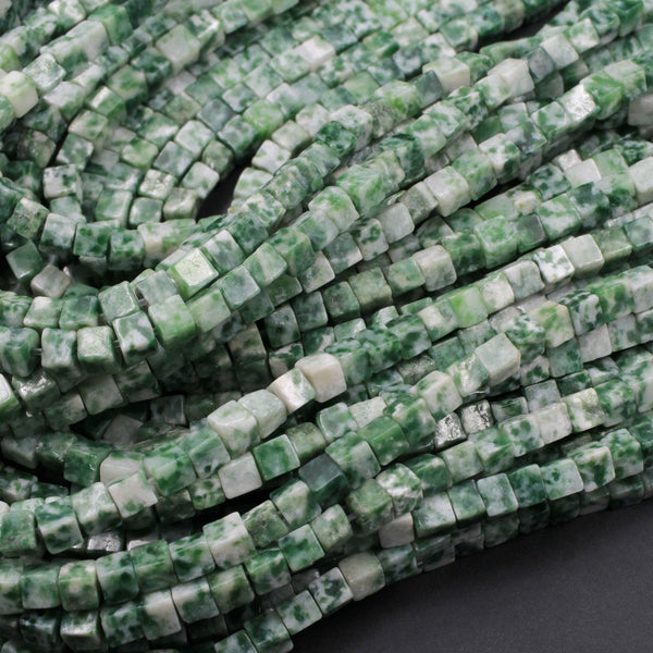 Natural Green Tree Agate 4mm Dice Square Cube Beads Organic 100% Natural Green White Gemstone Beads 16" Strand