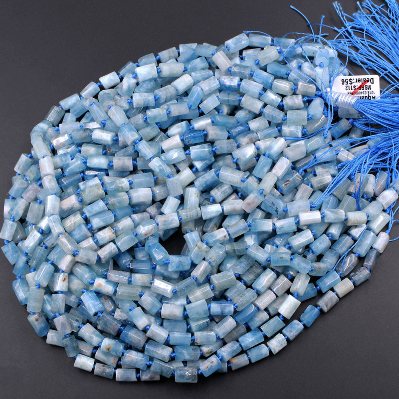 Natural Blue Aquamarine Tube Beads Beryl Cylinder Barrel Rectangle Stunning Real Genuine Blue Birthstone Gemtone 16" Strand